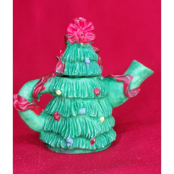 Miniature Christmas Tree TeaPot w/Cups Hand Painted Green Hermitage Pottery Set - Picture 6 of 12